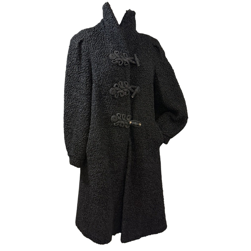 Vintage Curly Lamb, Long Women's Coat Barrel Button Closures, Black Fur, Elegant